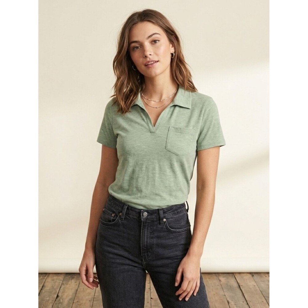 Relaxed Sage Green V Neck Pocket Polo Shirt Size Med